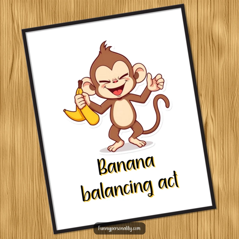 Funny monkey digital art print: instant download of a mischievous monkey character juggling three bananas with a sly smile.