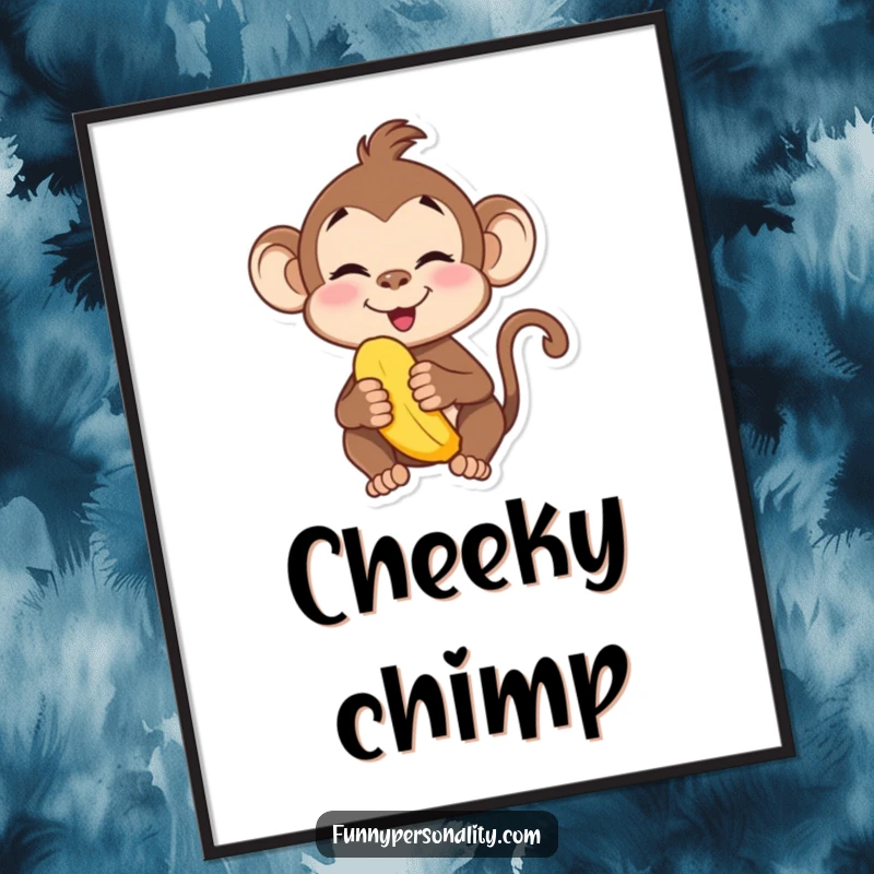 Funny digital art print of a playful monkey character making a silly face while holding a banana. Hilarious and vibrant.