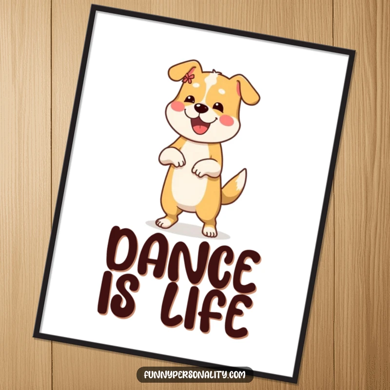 Funny digital art print of a happy dog energetically dancing, adding a playful and cheerful vibe to decor.