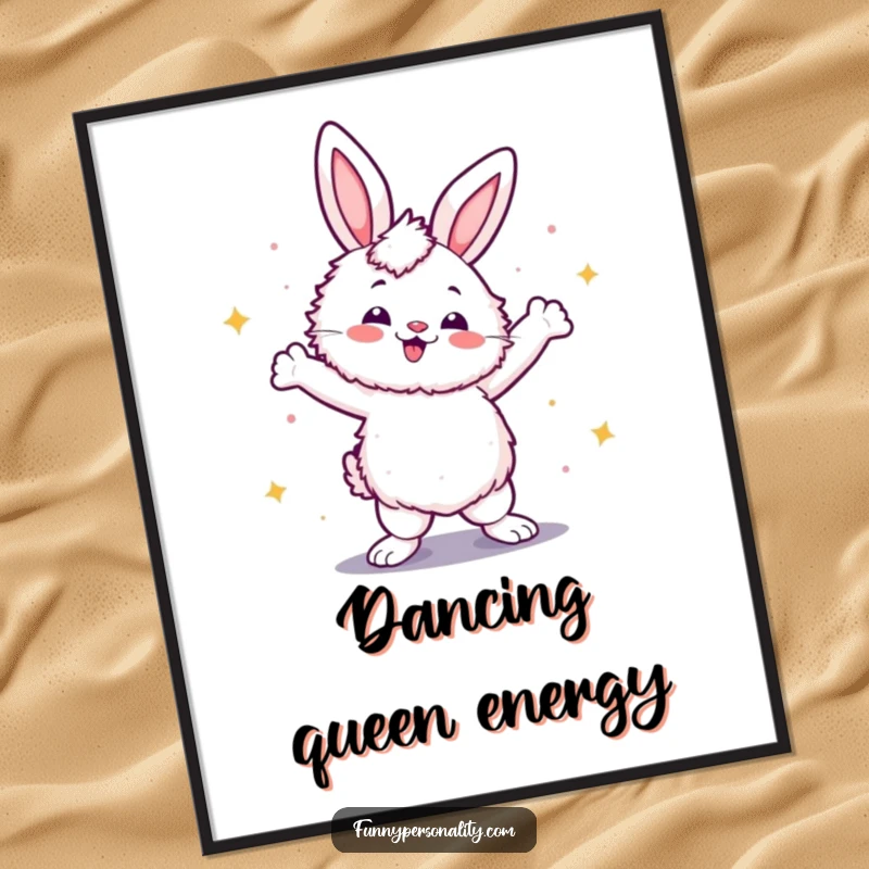 Funny digital art print of a fluffy rabbit striking a confident disco dance pose, celebrating retro vibes and available for instant download.