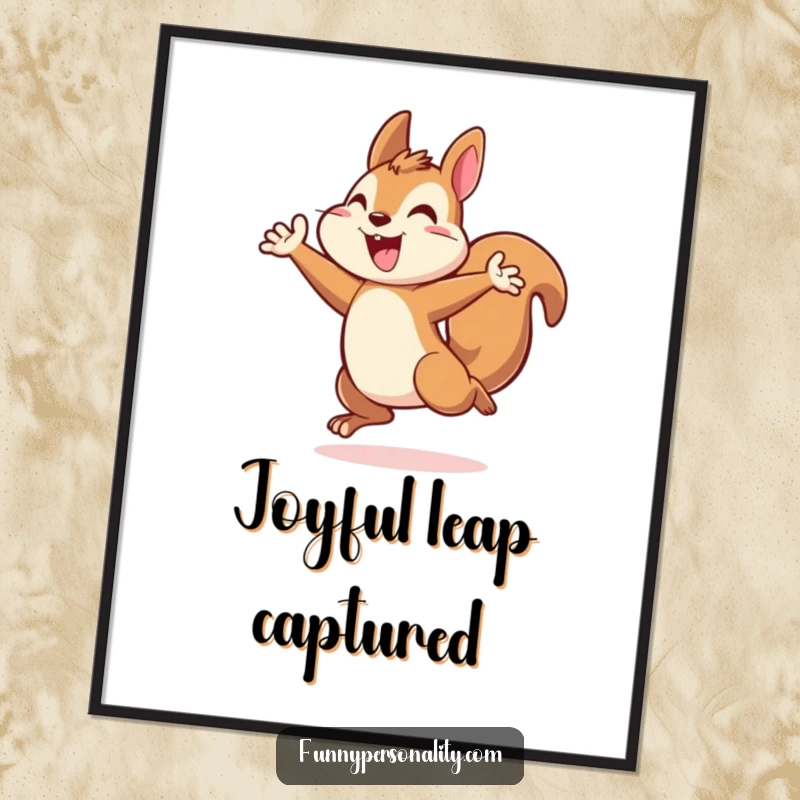 Energetic squirrel digital art print featuring a squirrel character in a triumphant leap, delivering instant energy and motivation.