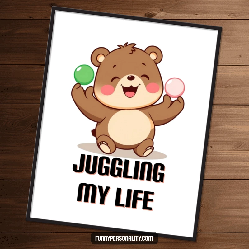Funny digital art print of a cheerful bear joyfully juggling many colorful balls, ideal for lively decor.