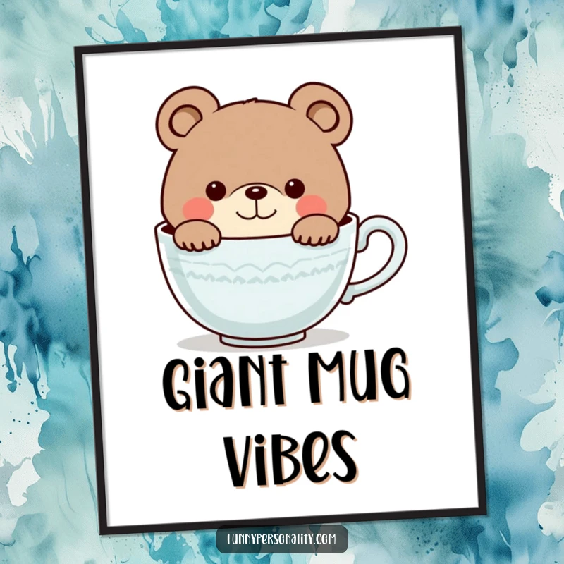 Funny digital art print of a curious bear character smiling while peeking into a giant teacup, conveying warmth, curiosity, and gentle humor.