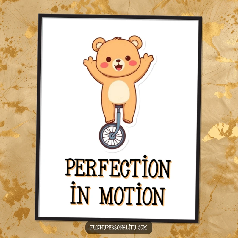 Funny bear digital art print of a cute character excitingly riding a unicycle and waving, a joyous and humorous decoration.