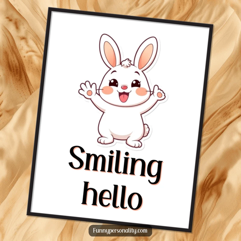 Funny digital art print of a cheerful cartoon bunny waving happily with a big smile, ideal for instant humorous wall decor.