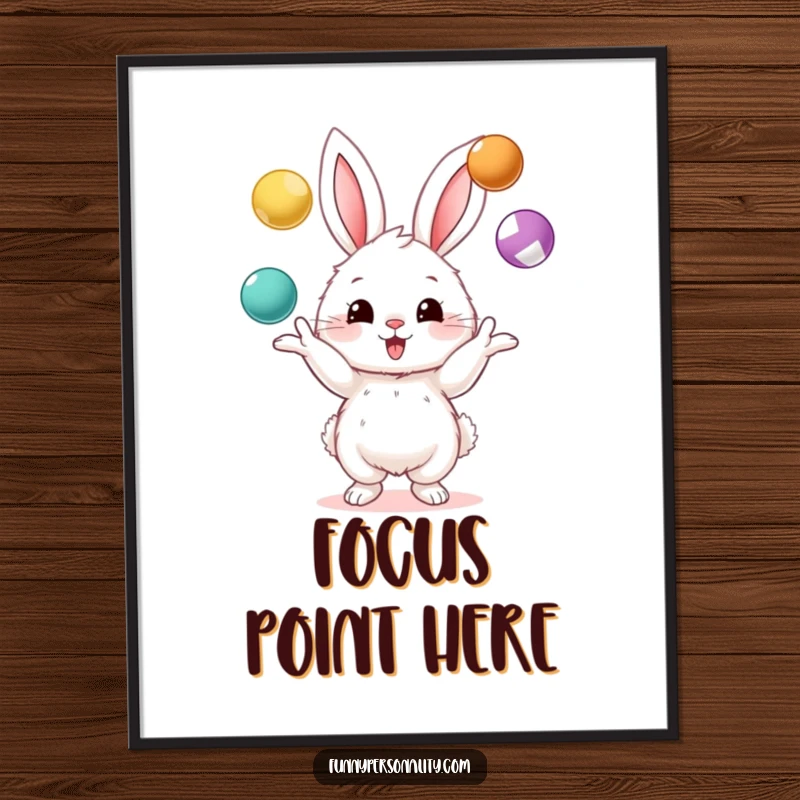 Funny digital art print of a fluffy bunny character skillfully juggling three colorful balls, conveying energetic fun and whimsical delight.