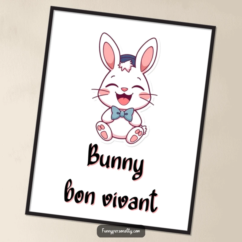 Funny digital art print of a laughing bunny character dressed in a hat and bow tie. Instant download.