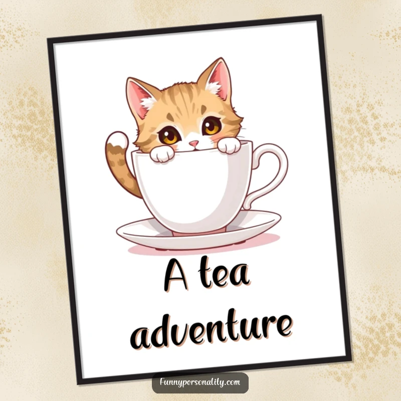 Funny cat digital art print: instant download of a curious cat character peering into an impossibly large teacup with wide eyes.