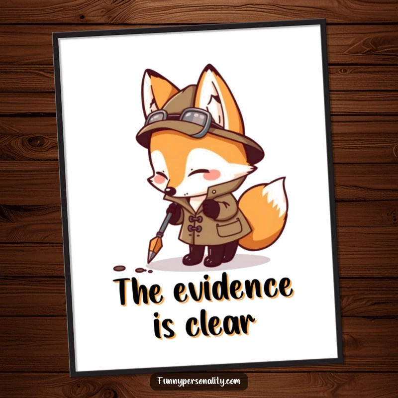 Funny detective fox in action, a humorous digital art print for mystery lovers.