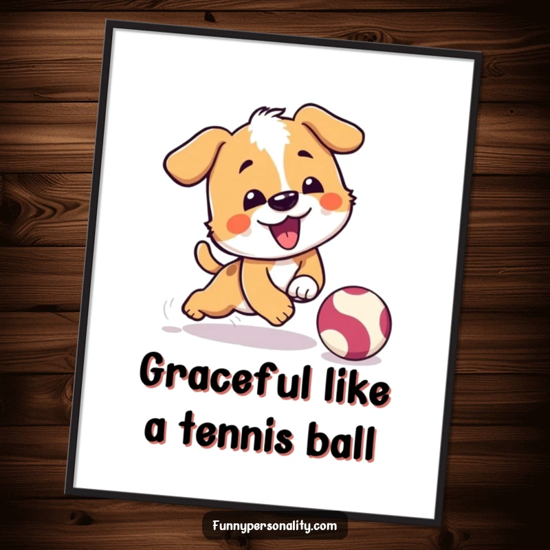 Funny digital art print of a playful dog character comically tripping while chasing a bouncing ball, perfect for pet decor.