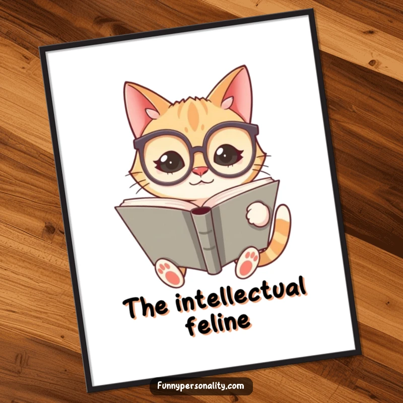 Funny digital art print of a silly cat wearing oversized spectacles and reading a giant book, perfect for book-themed decor.