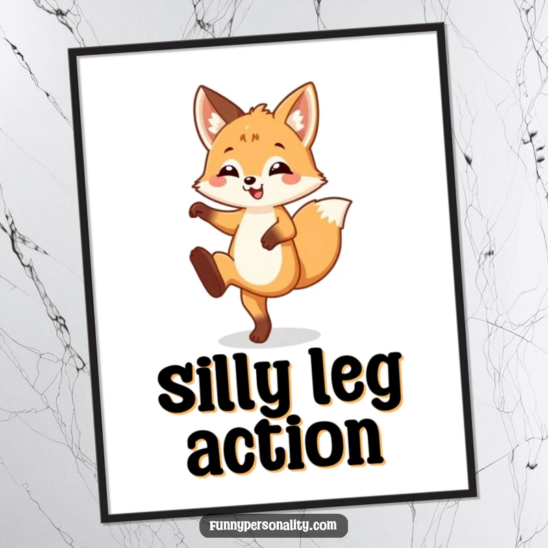 Funny Digital Art Print of a happy fox cub doing a silly leg kick, perfect for instant download and framing.