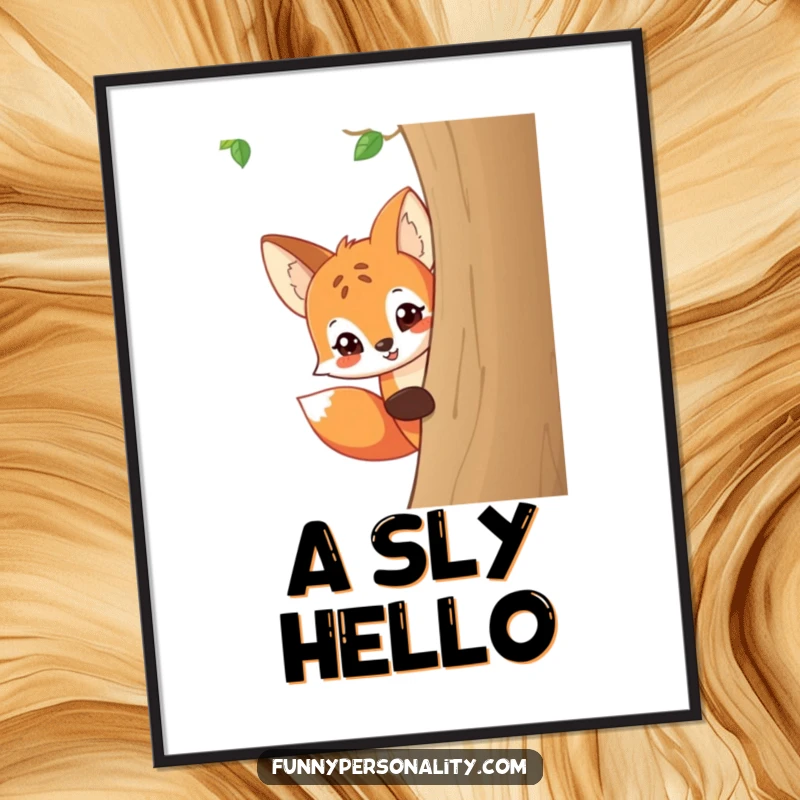 Funny digital art print of a playful cartoon fox peeking around a tree with a mischievous grin, ideal for humorous wall decor.
