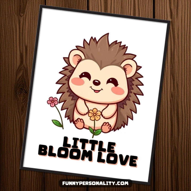 Funny digital art print of a cheerful hedgehog smiling at a tiny flower, a heartwarming and humorous illustration for instant decor.