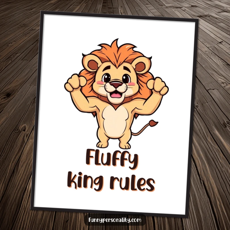 Funny digital art print of a proud lion character displaying tiny, fluffy biceps, bringing immediate humor and personality to your space.