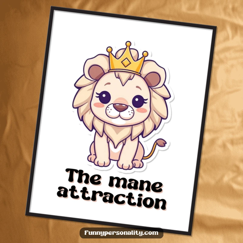 Funny triumphant lion character wearing a small crown, presented as a digital art print, symbolizing power and victory for any space.