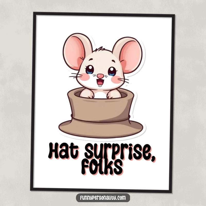 Funny digital art print of a surprised mouse character peeking out of a tiny hat, bringing whimsical humor and surprise instantly.
