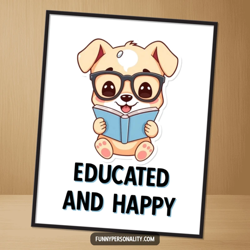 Funny digital art print of a cartoon puppy wearing glasses, grinning while reading a book, ideal for humorous wall decor.