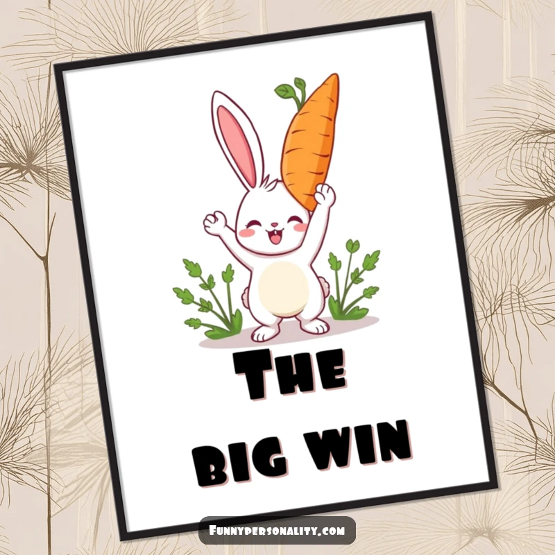 Funny rabbit digital art print of a happy character holding a giant carrot, adding cheerful and humorous decor.