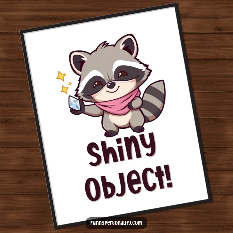 Funny Digital Art Print: A joyful raccoon wearing a mask and holding a shiny object, a playful illustration for instant mischievous decor.