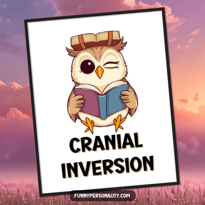 Funny digital art print of a winking owl grinning while reading a book upside down, a humorous and charming illustration for instant decor.