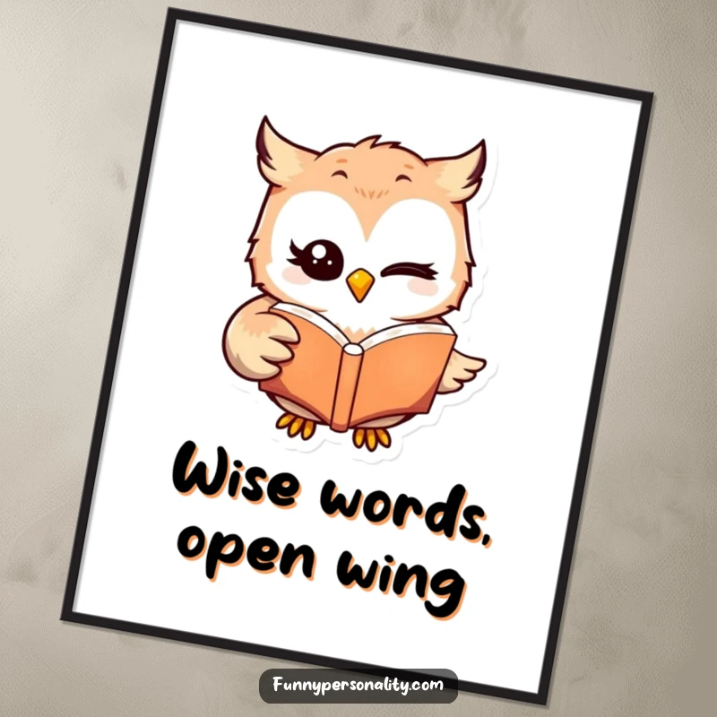 Funny winking owl character holding a book, presented as a downloadable digital art print, perfect for framing, a funny gift.