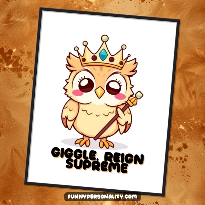 Funny owl digital art print of a giggling owl king with a crown and scepter, capturing regal humor for your walls.