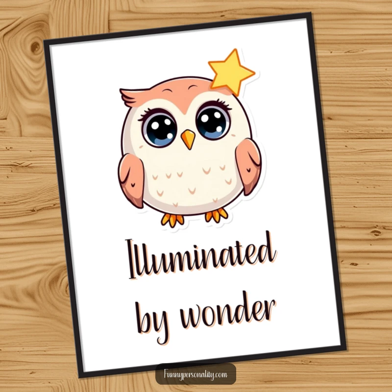Funny Digital Art: A round owl character looks surprised by a shining star, offering instant humor as a gift.