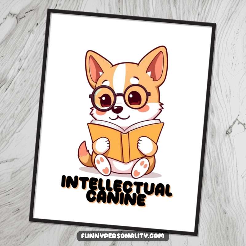 Funny Digital Art Print: A dog wearing a monocle reads a book with keen interest, embodying intellectual charm and humorous canine spirit.