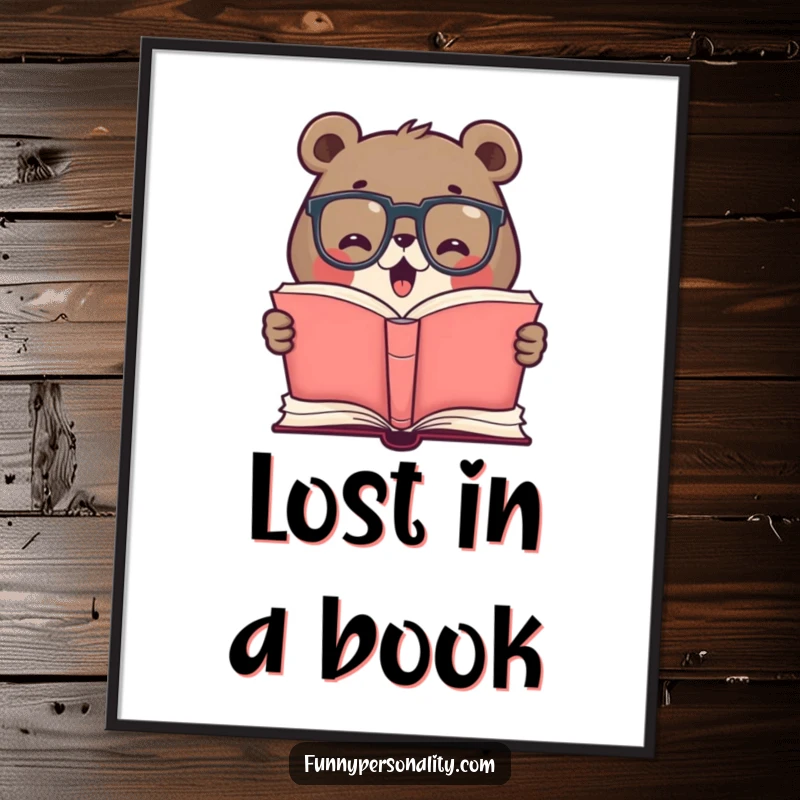 Funny digital art print of a cute bear wearing glasses, excitedly reading a giant open book, celebrating knowledge and available for instant download.