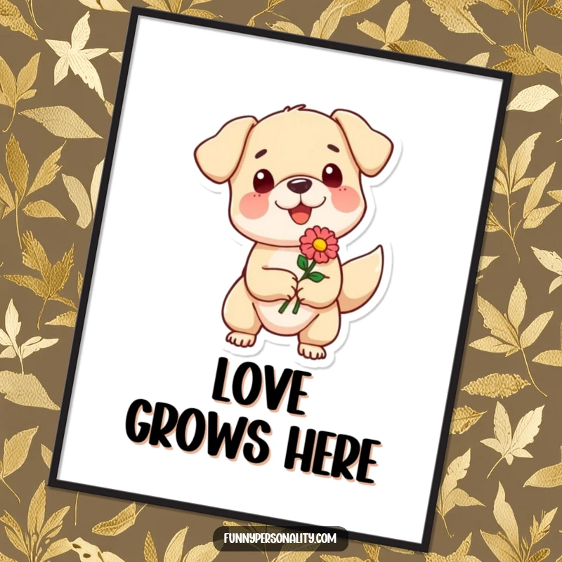 Funny digital art print of a small dog character enthusiastically offering a flower, conveying pure love, joy, and heartwarming sweetness.