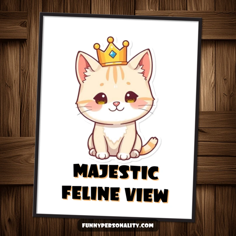 Funny cat character wearing a crown, looking regal, a humorous and sophisticated digital art print for decor.