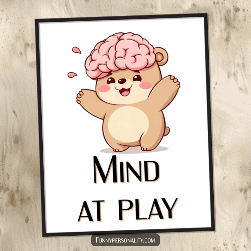 Funny bear character digital art showing a chubby bear playfully tossing a large, smiling brain, symbolizing quirky genius.