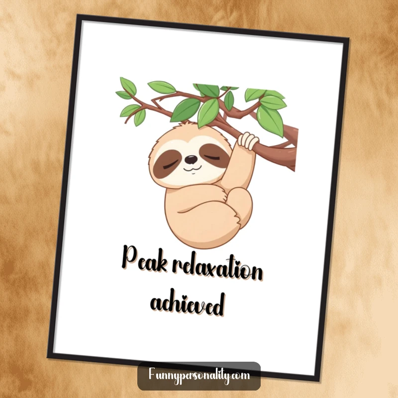 Funny Digital Art: A sleepy sloth smiles serenely while hanging from a branch, offering instant relaxation as a gift.