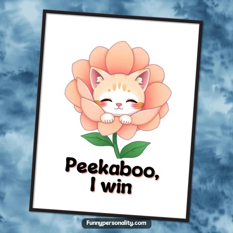 Funny Digital Art Print: A shy cat character peeks from behind a large flower, embodying timid charm and humorous feline appeal.