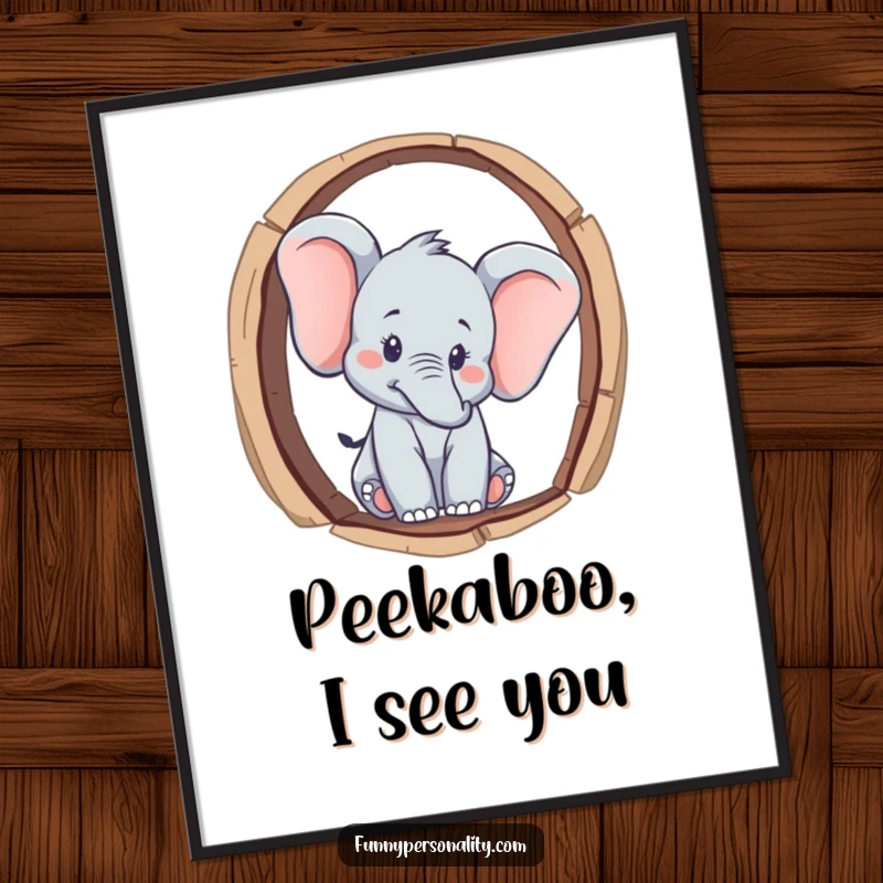 Funny curious elephant character peeking through a keyhole, presented as a downloadable digital art print, perfect for framing, a funny gift.