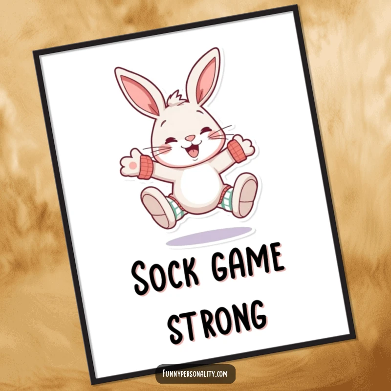 Funny rabbit digital art print: instant download of a grinning rabbit character wearing oversized, mismatched socks with a happy expression.