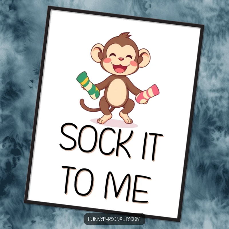 Funny playful monkey character juggling three colorful socks, presented as a downloadable digital art print, perfect for framing, a funny gift.