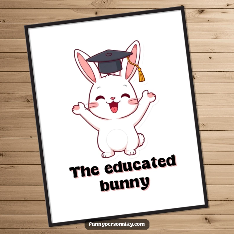 Funny digital art print of a happy rabbit character enthusiastically waving a tiny graduation cap, perfect for celebration decor.