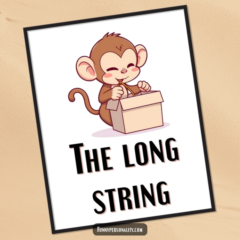 Funny monkey digital art print of a mischievous monkey pulling a long string from a box, capturing playful humor for your walls.