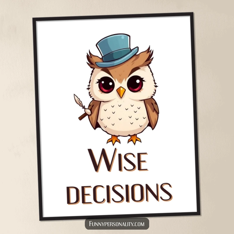 Funny Digital Art Print: A curious owl wearing a top hat and holding a quill, a distinguished illustration for instant intellectual decor.