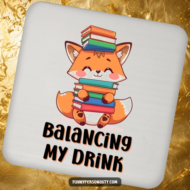 Funny fox coasters: a set of coasters featuring a clever fox character balancing a stack of books on its head.