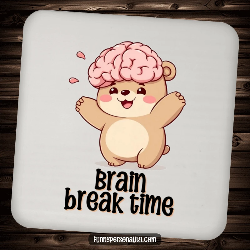Funny bear character coasters with a chubby bear playfully tossing a smiling brain, protecting surfaces.