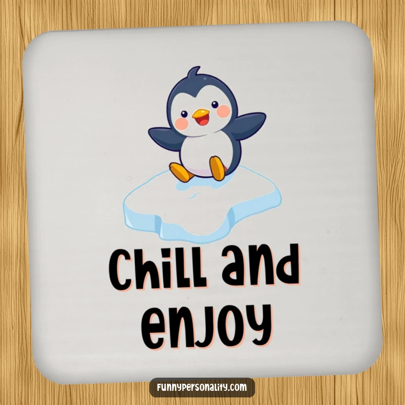 Funny drink coaster featuring a playful penguin character sliding down an icy slope with a cheerful grin, adding cool decor.