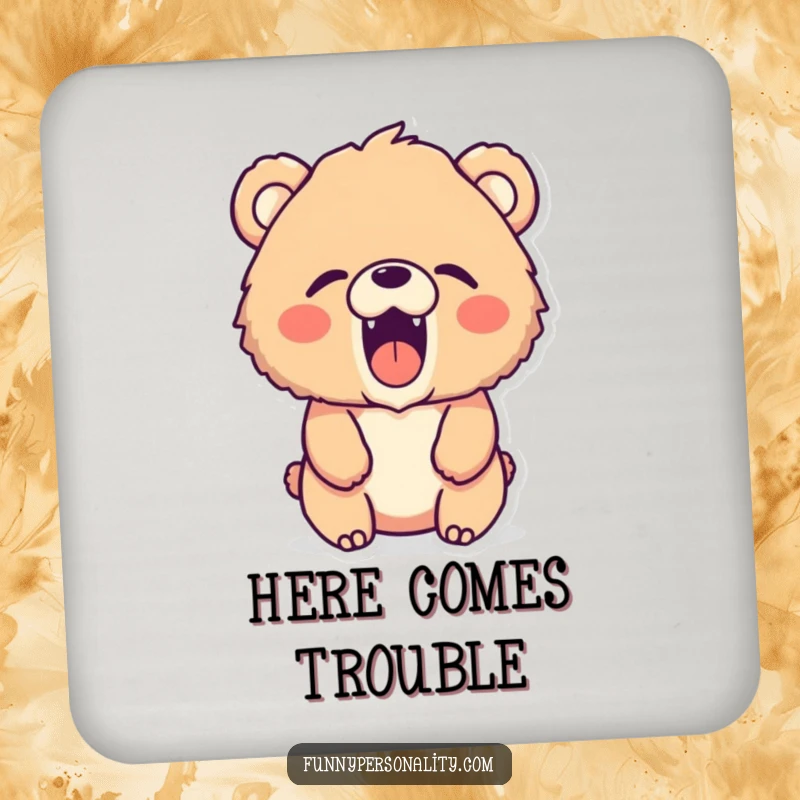 Funny bear coasters: a set of coasters featuring a fluffy bear character roaring a tiny, silent, yet cute roar.