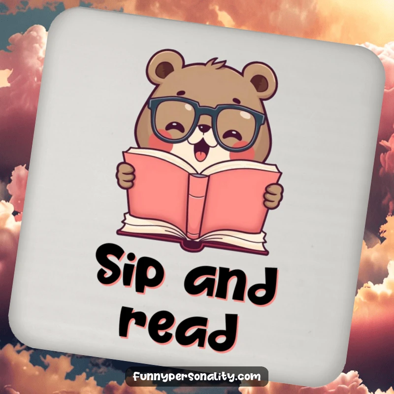 Funny drink coaster set with a cute bear wearing glasses, excitedly reading a giant open book, protecting tables with literary humor.