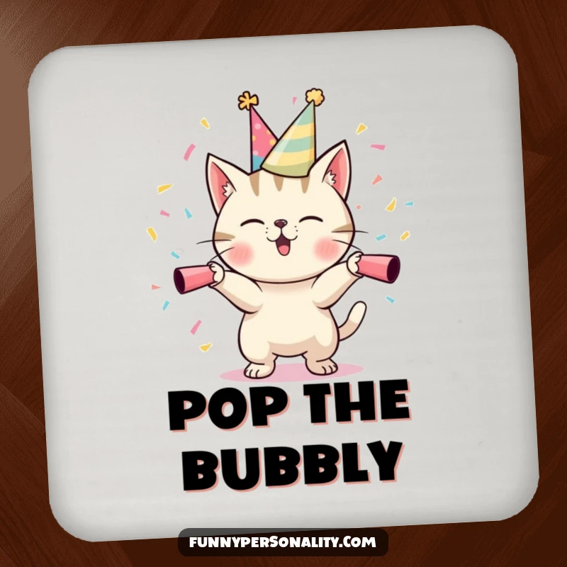 Funny Cat Party Coasters: A set of four coasters featuring a mischievous cat in a party hat, launching confetti. A festive funny gift.