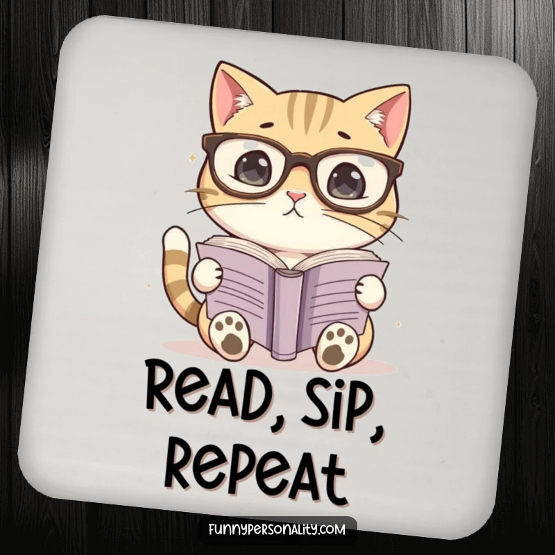 Funny drink coaster showing a cat wearing large glasses, focused on reading a book. Ideal for bookish homes.