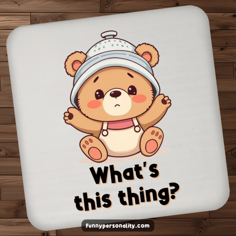 Funny Coaster set displaying a confused bear cub wearing a colander hat, protecting surfaces with humor.