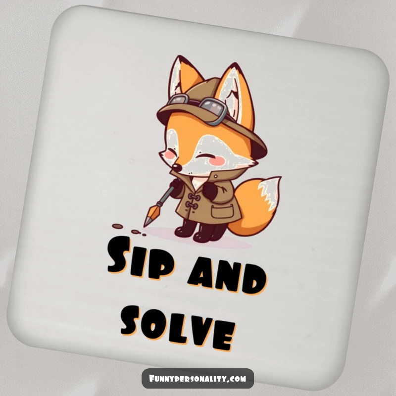 Funny detective fox illustration, a humorous drink coaster for clue-collectors.